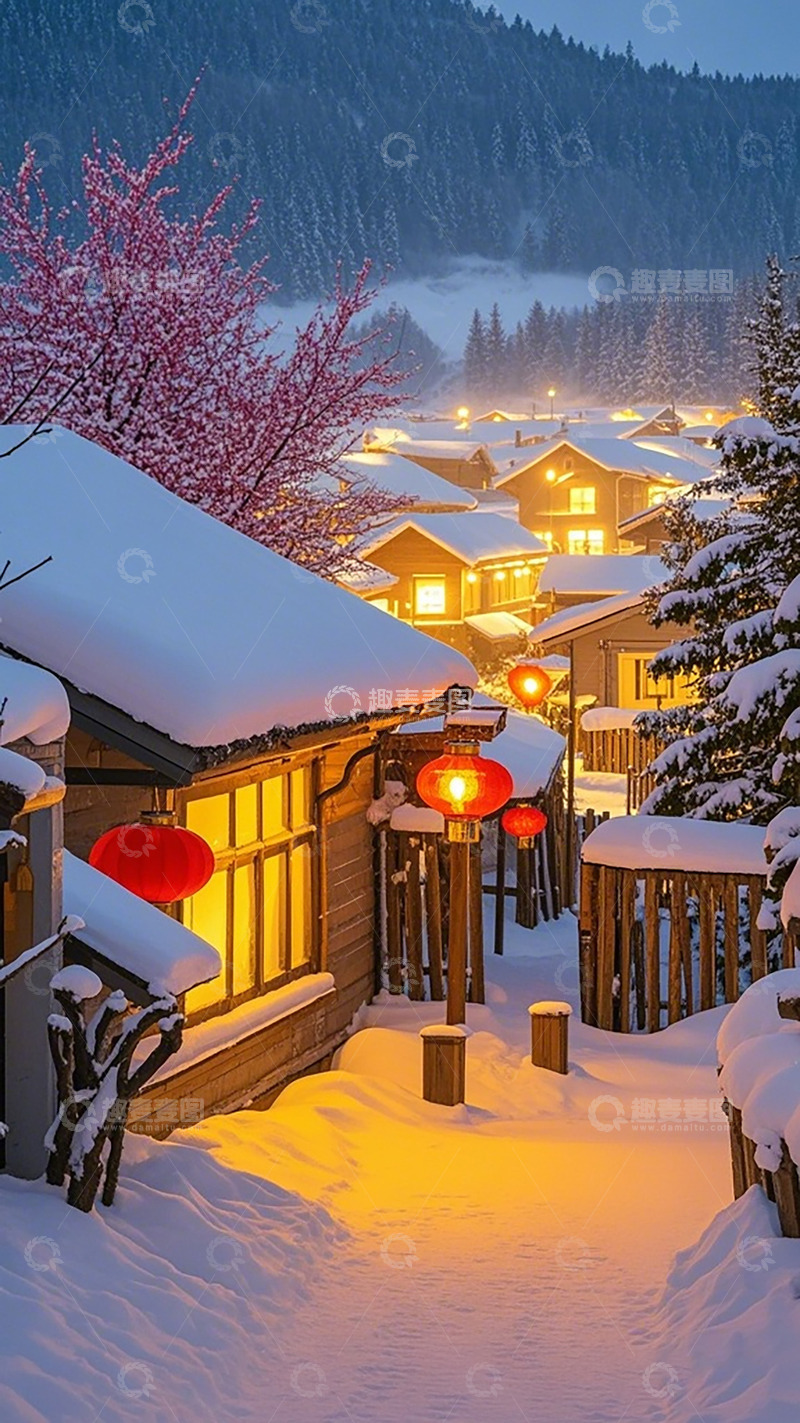 高清大图下载【趣麦麦图】雪村夜景灯笼