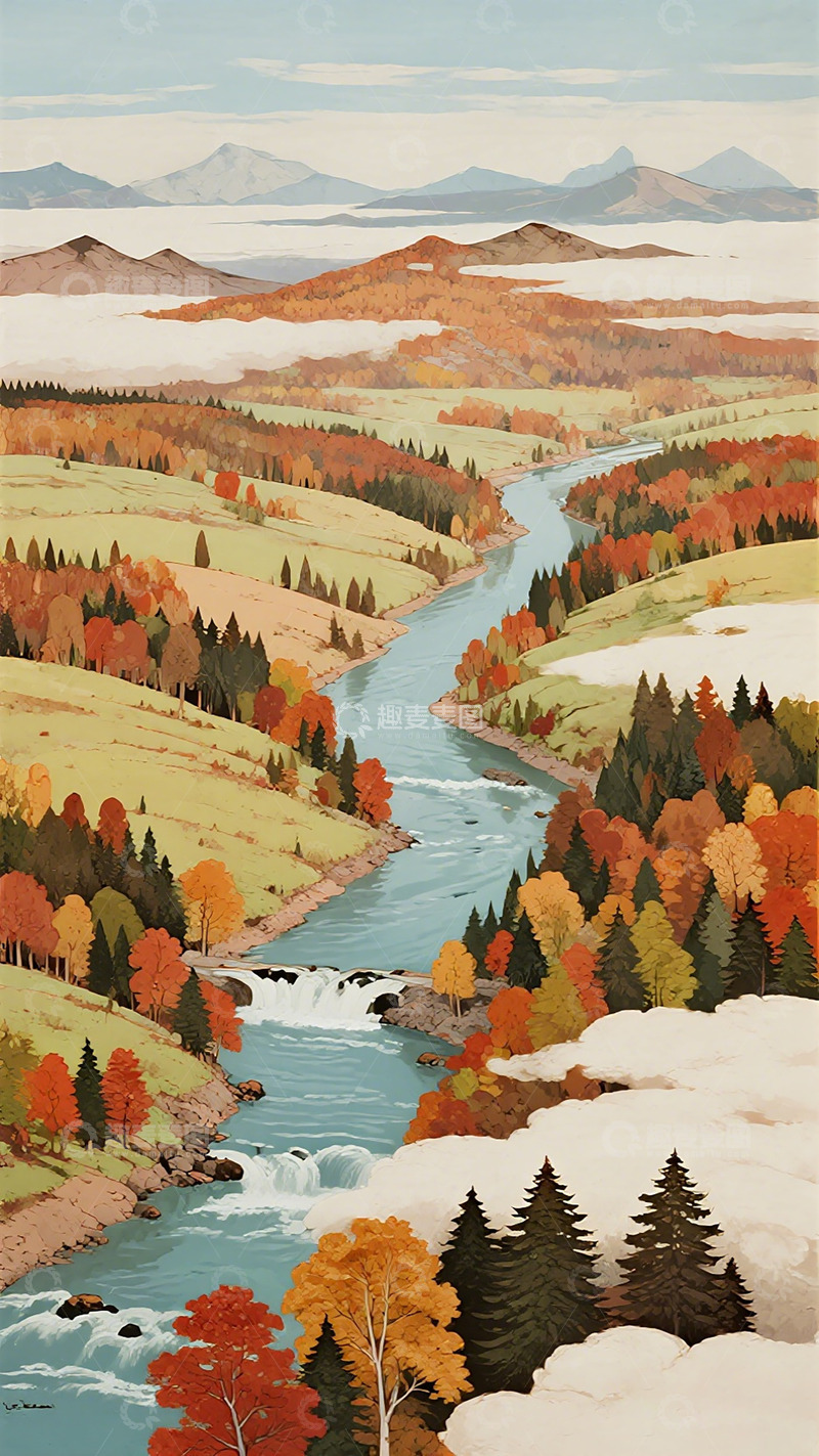 高清大图下载【趣麦麦图】秋意盎然山水画卷