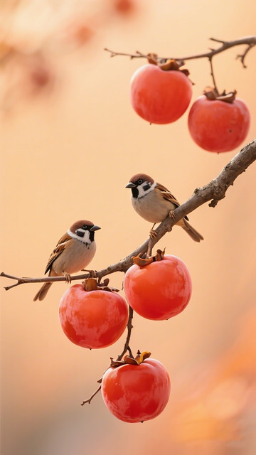 秋意柿子小鸟图