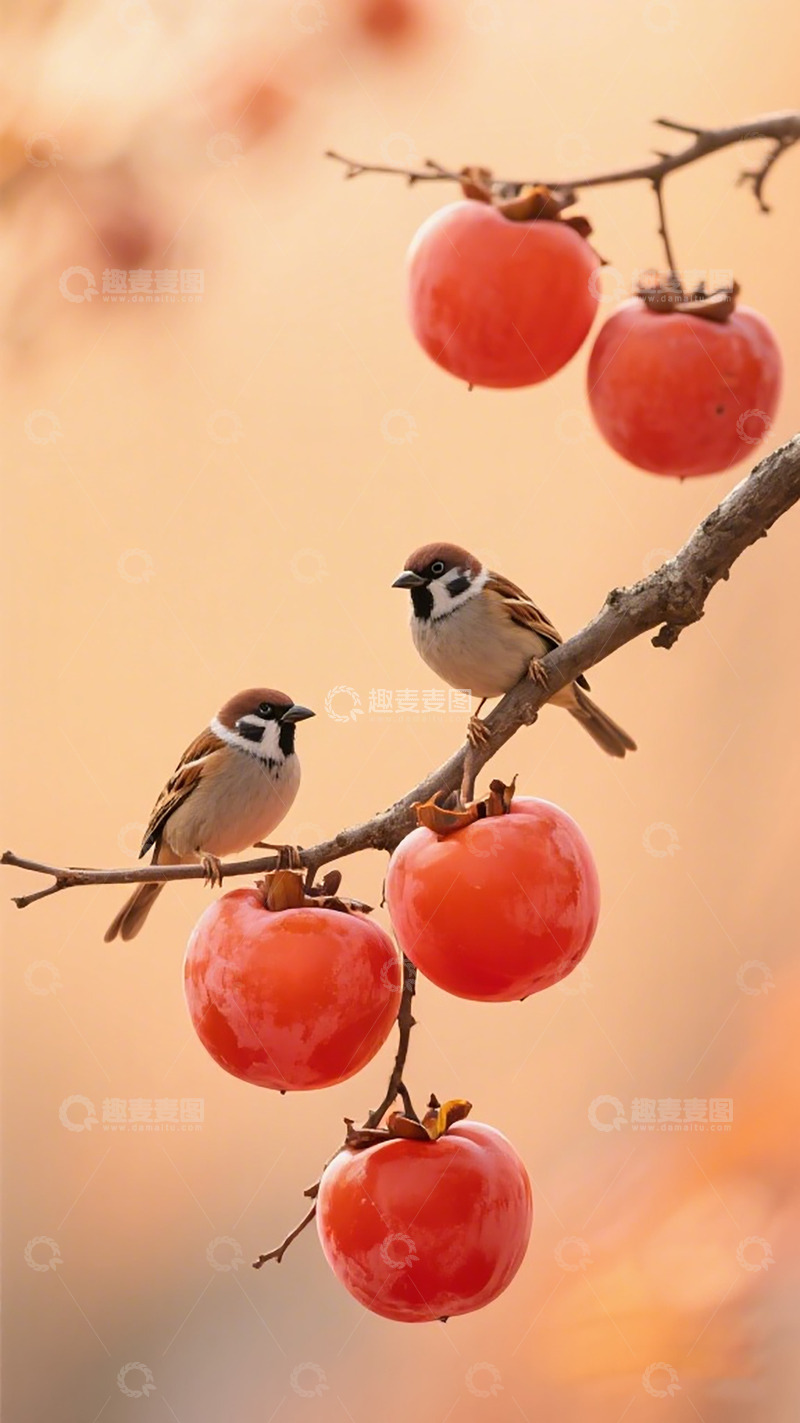 高清大图下载【趣麦麦图】秋意柿子小鸟图