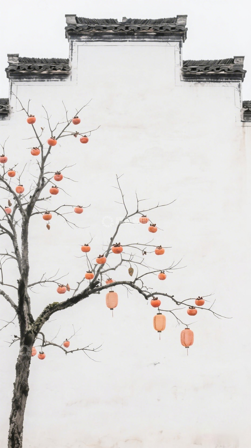 高清大图下载【趣麦麦图】古风柿子树白墙图