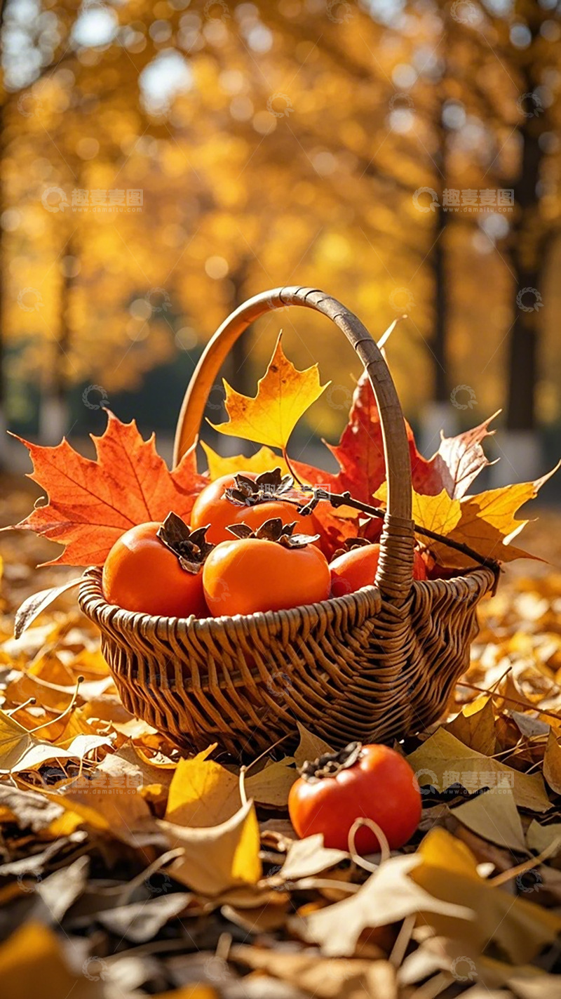 高清大图下载【趣麦麦图】秋意浓柿篮枫叶美景