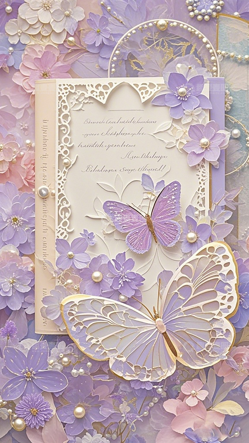 高清大图下载【趣麦麦图】紫色花卉蝴蝶贺卡设计素材