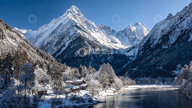 高清大图下载【趣麦麦图】雪覆青山下冰河绕雪村