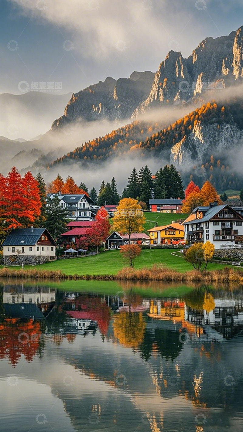 高清大图下载【趣麦麦图】秋景山水村庄倒影