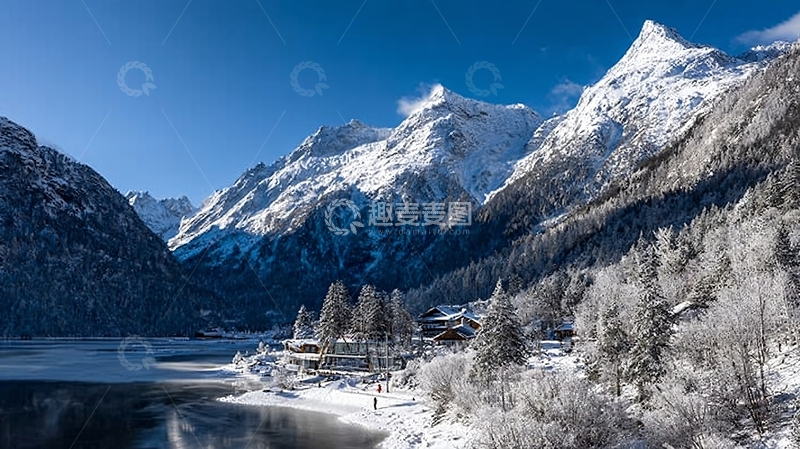 高清大图下载【趣麦麦图】雪裹群山间冰河绕白村