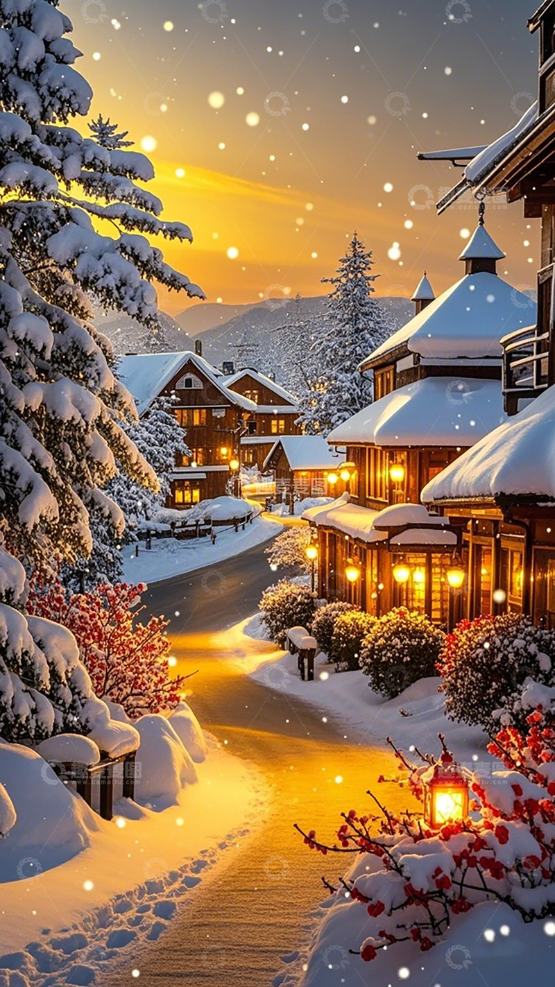 高清大图下载【趣麦麦图】雪村夜景冬日暖光
