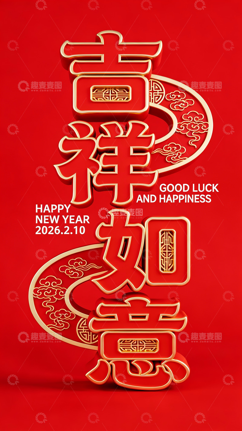 高清大图下载【趣麦麦图】新年祝福吉祥如意红底金文