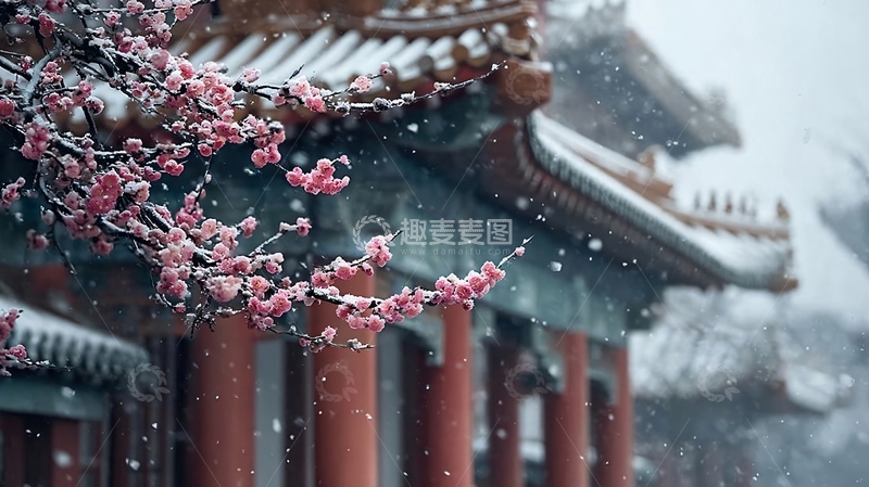 高清大图下载【趣麦麦图】雪压红梅枝古檐伴雪飘