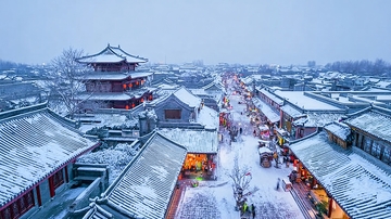 银装古街灯笼红楼阁落雪稠