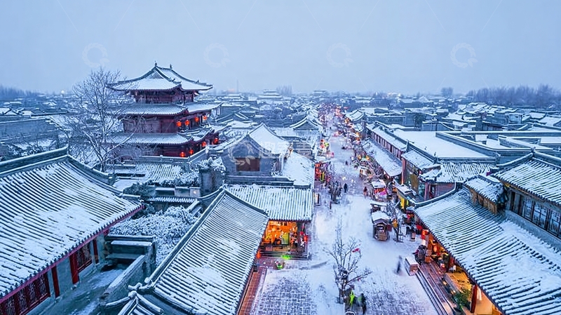 高清大图下载【趣麦麦图】银装古街灯笼红楼阁落雪稠