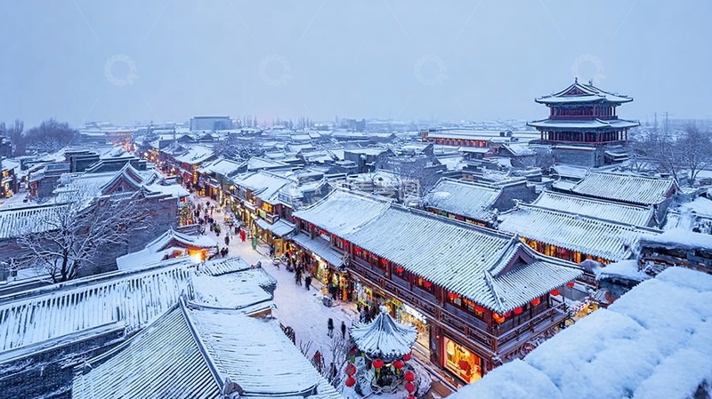 高清大图下载【趣麦麦图】雪覆古街红灯亮楼阁裹银装