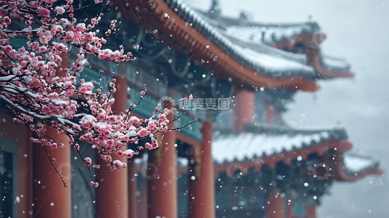 高清大图下载【趣麦麦图】雪覆梅枝绽古檐落雪飞