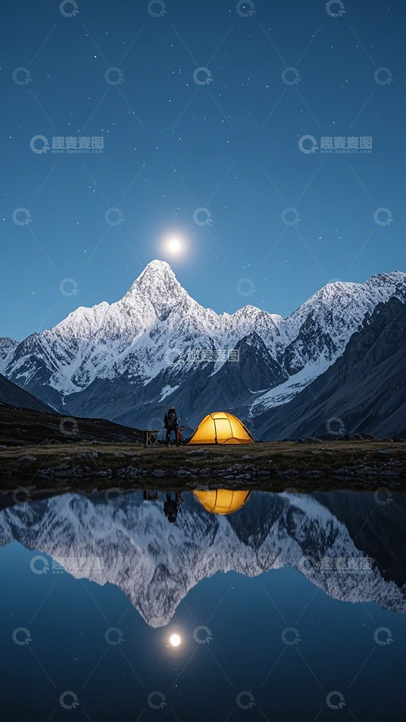 高清大图下载【趣麦麦图】雪山露营月夜美景
