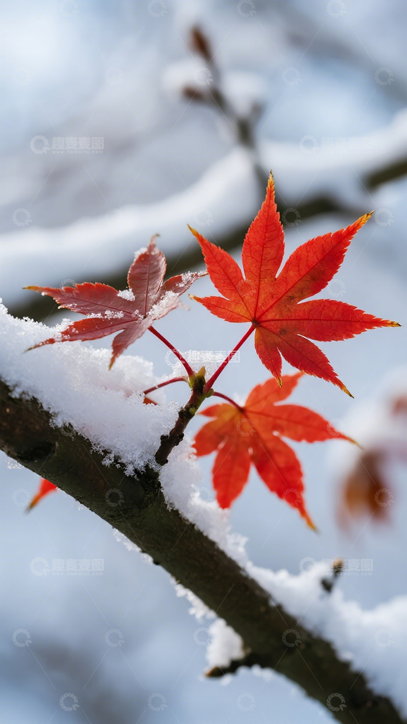 高清大图下载【趣麦麦图】雪枝红枫秋意浓