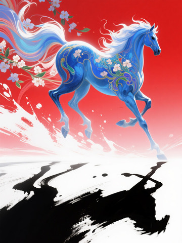 梦幻蓝马樱花飞舞艺术画作