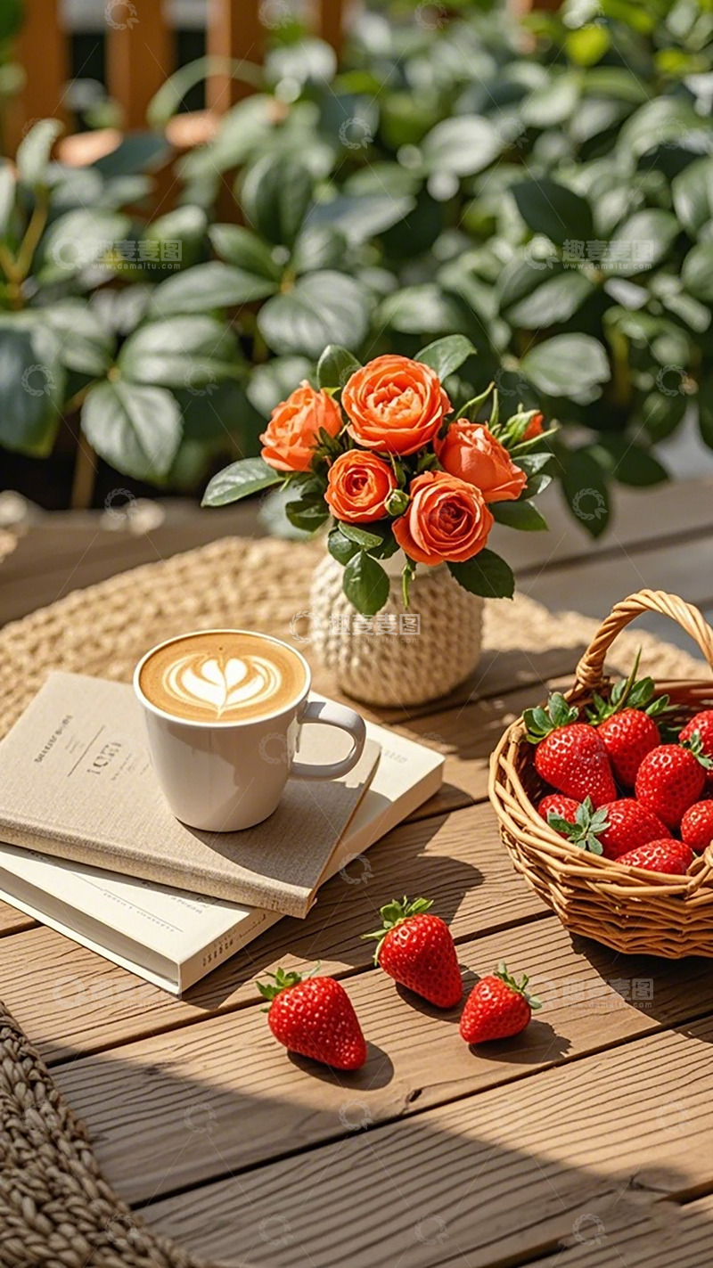 高清大图下载【趣麦麦图】悠闲午后咖啡花束草莓静物