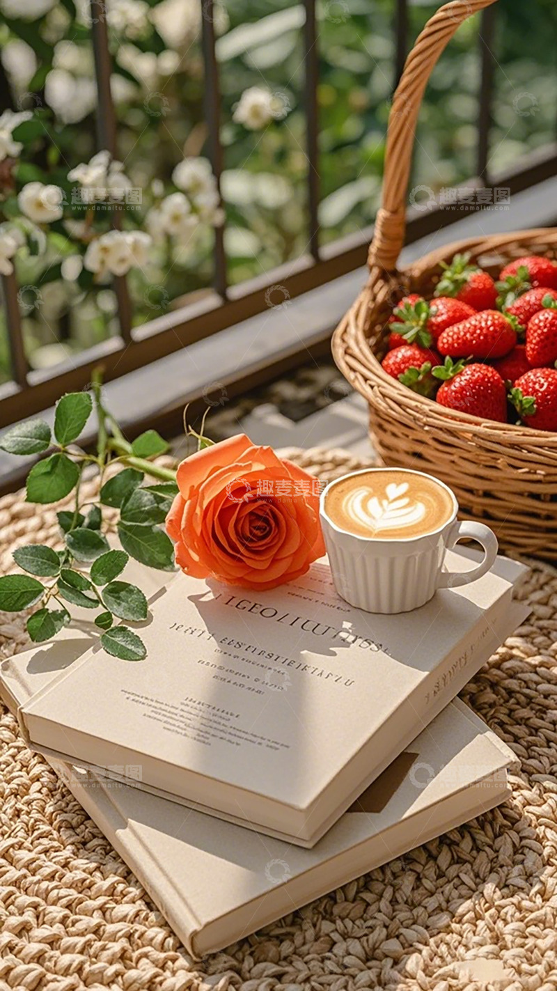 高清大图下载【趣麦麦图】悠闲午后书香咖啡草莓景
