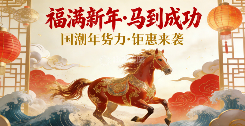 高清大图下载【趣麦麦图】年货节国潮风新年骏马祝福海报