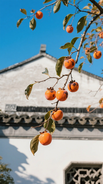 秋意浓柿满枝传统建筑
