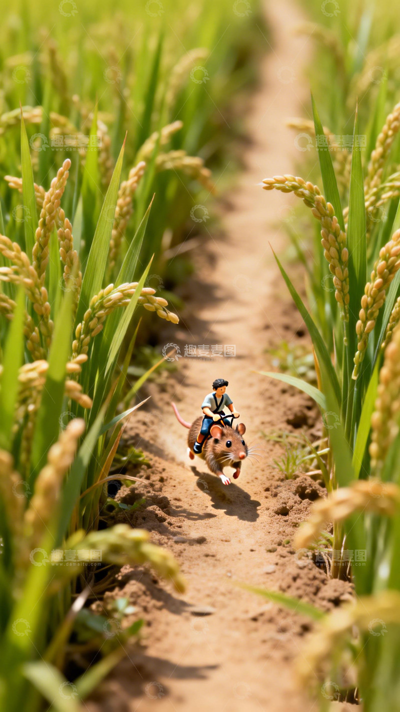 高清大图下载【趣麦麦图】稻田微缩景鼠骑人偶趣图