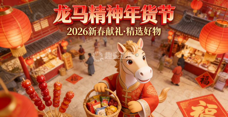高清大图下载【趣麦麦图】龙马精神年货节喜庆海报