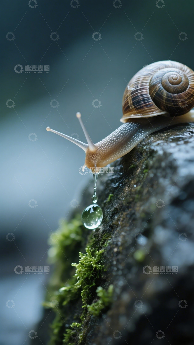 高清大图下载【趣麦麦图】蜗牛爬岩石水滴特写