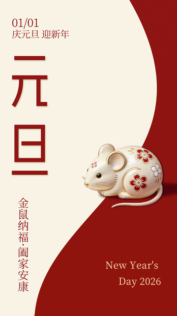 红色喜庆新年贺卡老鼠图案