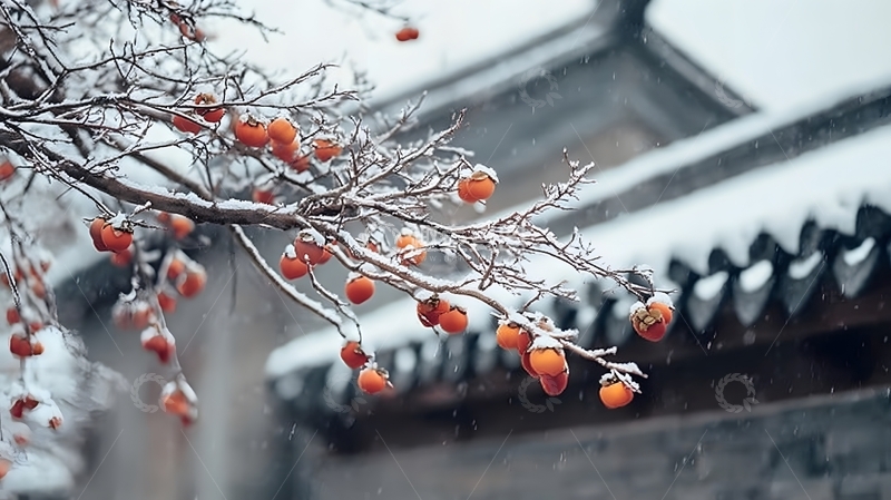 高清大图下载【趣麦麦图】冬季雪中的柿子照片