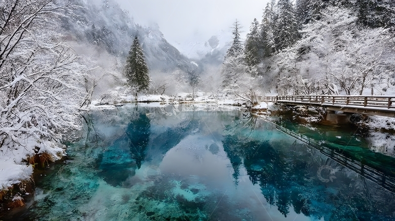 高清大图下载【趣麦麦图】冬季九寨沟银装碧水映白峰