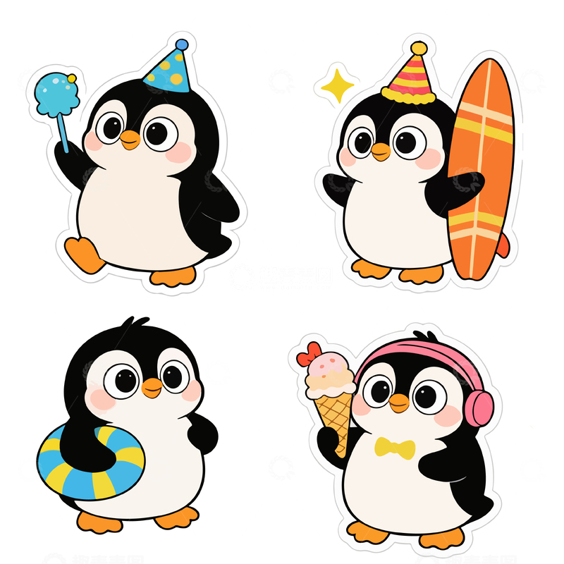 源文件下载【趣麦麦图】卡通企鹅夏日冒险贴纸