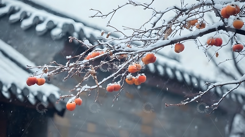 高清大图下载【趣麦麦图】冬季雪后柿子树照片