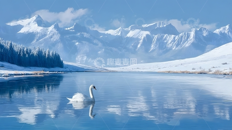 高清大图下载【趣麦麦图】冬季赛里木湖蓝冰雪山风光航拍照片