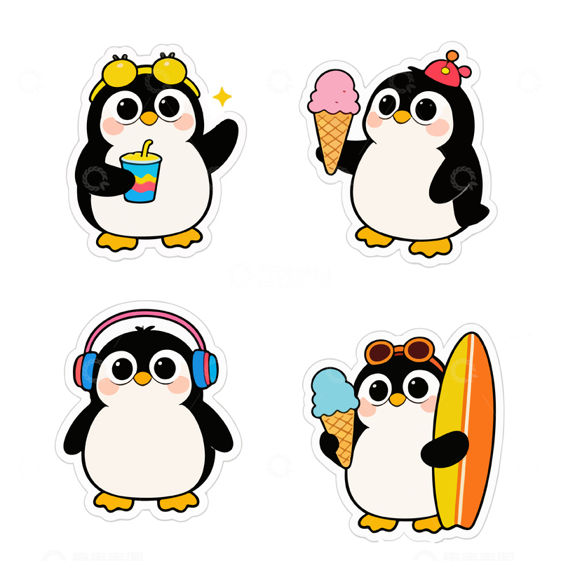 源文件下载【趣麦麦图】卡通企鹅夏日贴纸素材