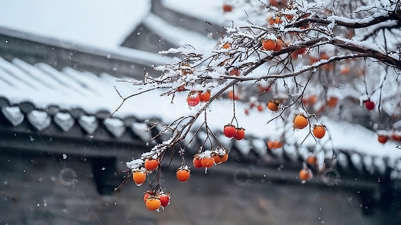 高清大图下载【趣麦麦图】冬天雪后的柿子特写