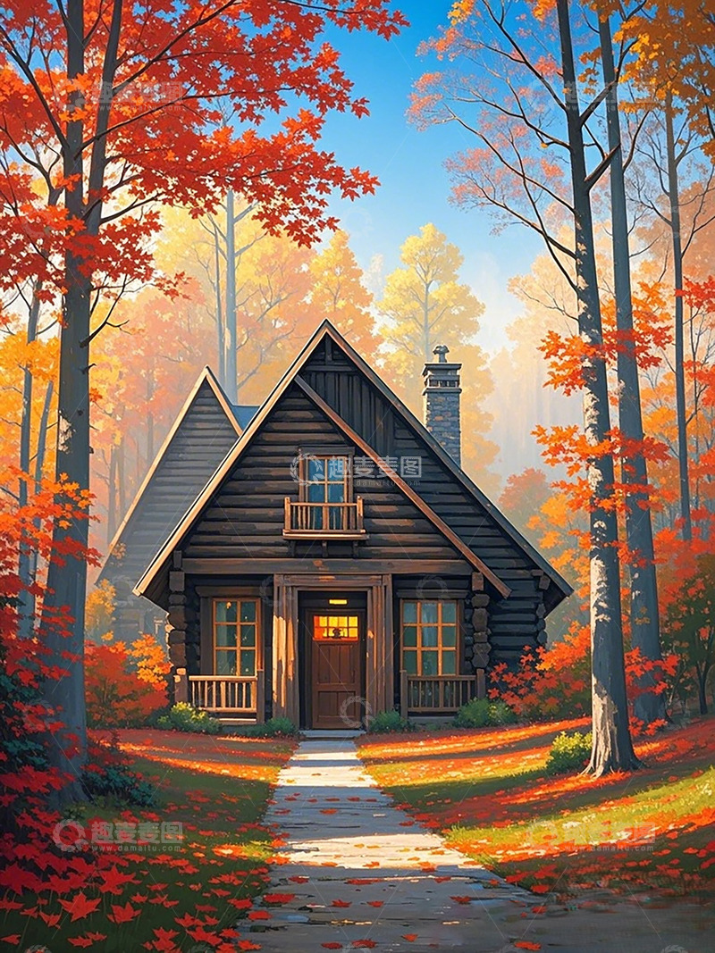高清大图下载【趣麦麦图】秋季木屋风景油画