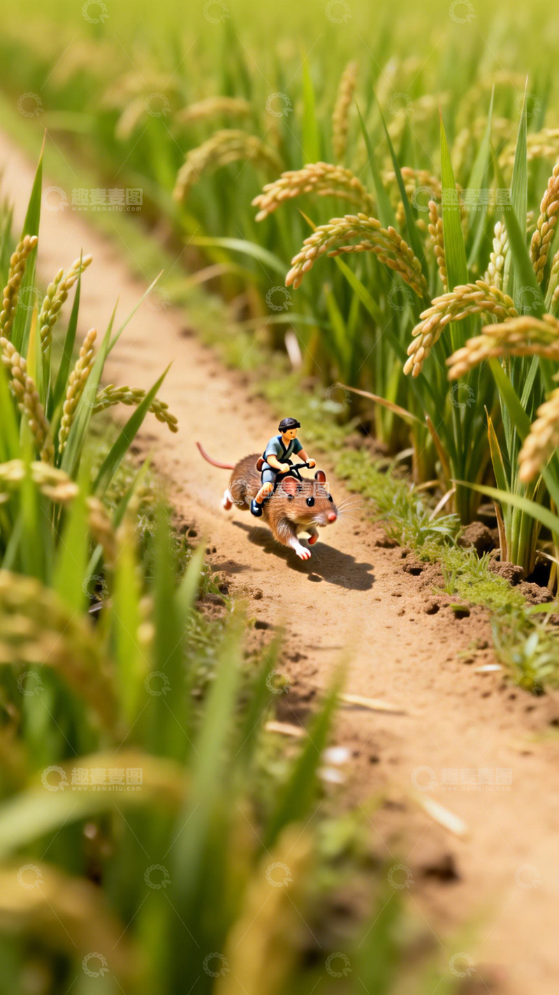 高清大图下载【趣麦麦图】稻田小鼠骑行摄影