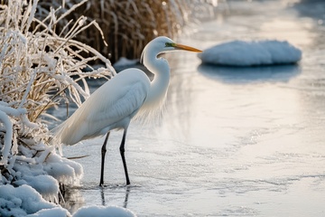 冬季河流上的一只白鹤