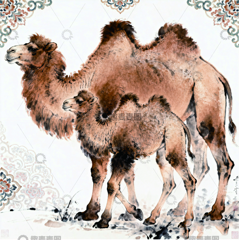 源文件下载【趣麦麦图】手绘新疆元素花纹水墨骆驼
