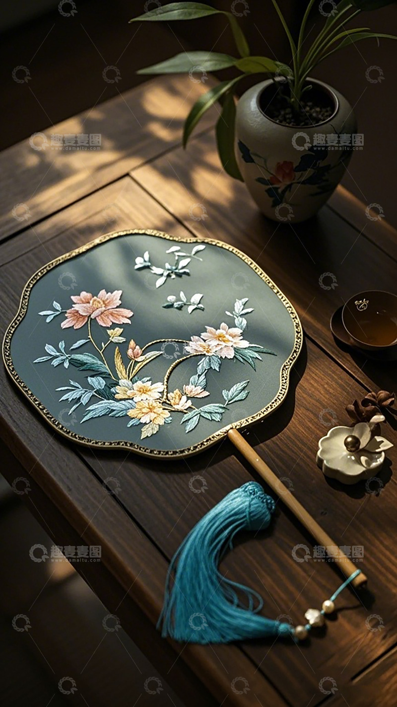 高清大图下载【趣麦麦图】古风团扇刺绣工艺展示
