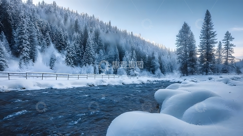 高清大图下载【趣麦麦图】银雪覆松溪谷雾笼林