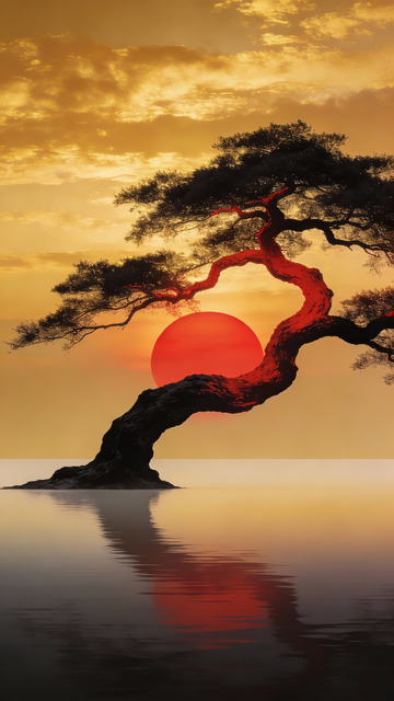 夕阳松树海景艺术摄影