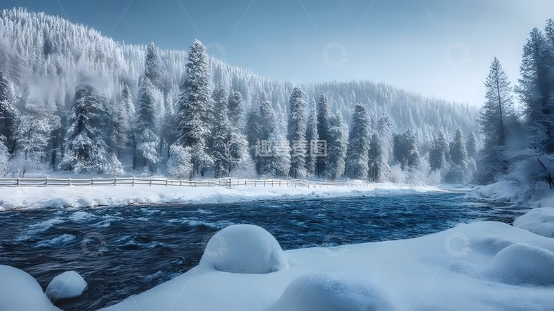高清大图下载【趣麦麦图】寒溪绕雪林雾笼银杉谷