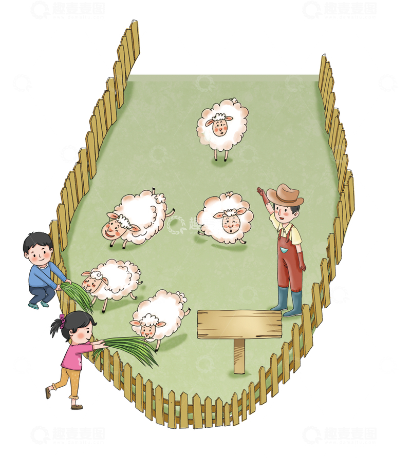 源文件下载【趣麦麦图】儿童劳动农场里的欢乐喂羊场景插画