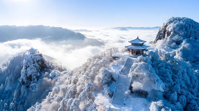 高清大图下载【趣麦麦图】雪裹山亭立云海绕群峰