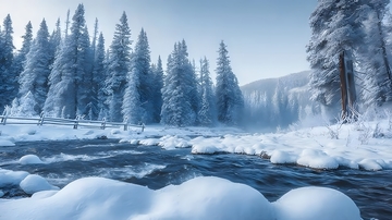 雪裹杉林溪淌寒谷间