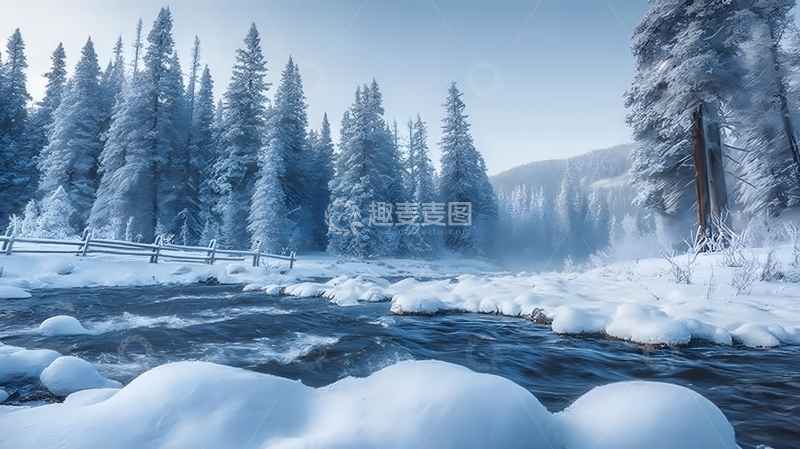 高清大图下载【趣麦麦图】雪裹杉林溪淌寒谷间