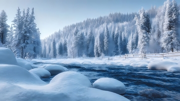 雪林裹银装溪水流寒谷