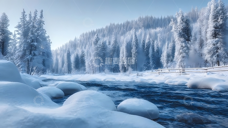 高清大图下载【趣麦麦图】雪林裹银装溪水流寒谷