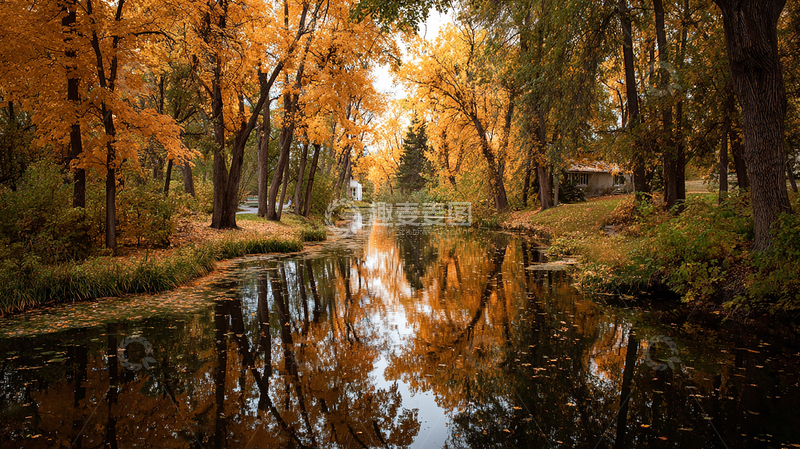高清大图下载【趣麦麦图】秋日河畔金色林荫